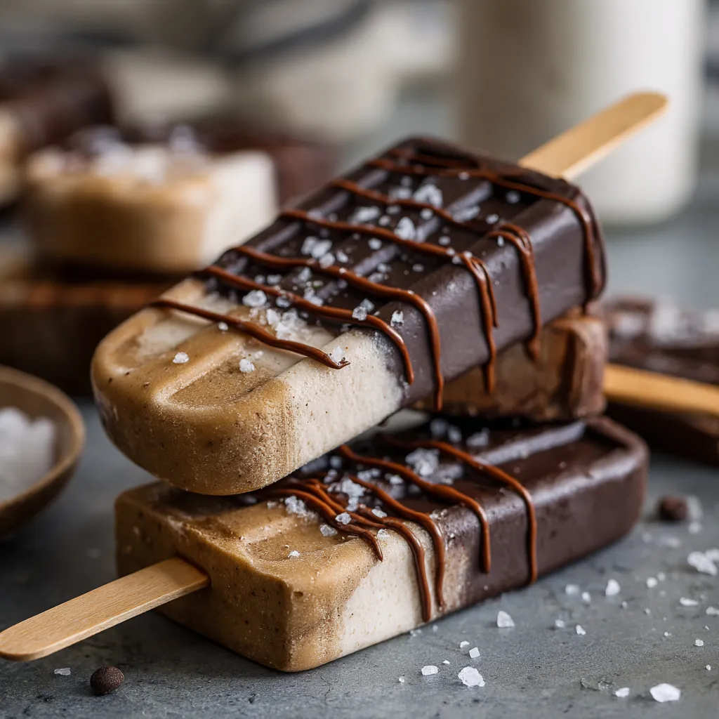 A close up of a chocolate covered popsicle with sea salt.