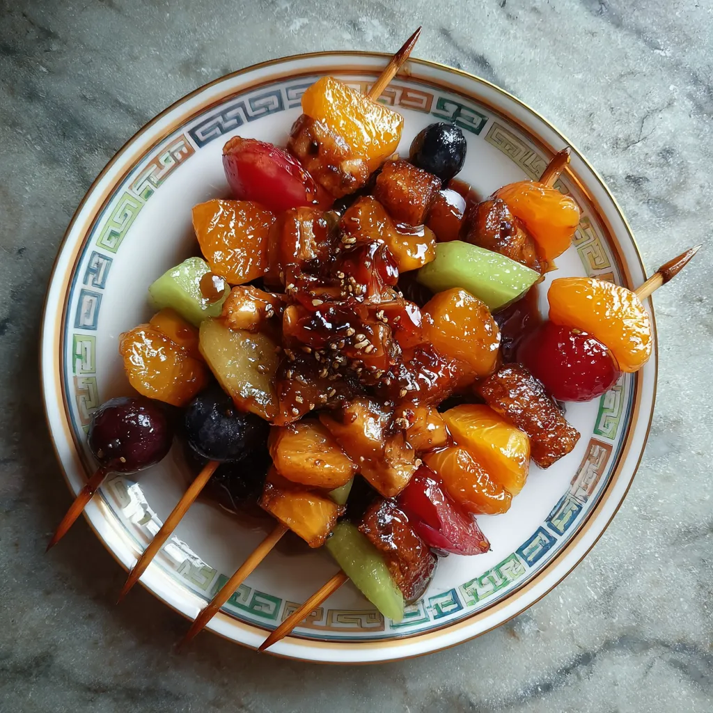 A plate of fruit with a stick in it.