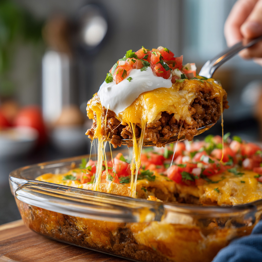 A person is holding a fork with a slice of CrunchWrap Casserole.