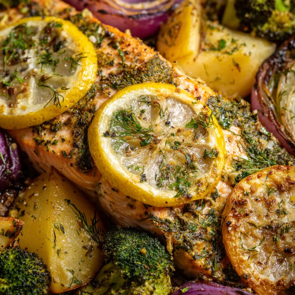A tray of salmon with lemon and garlic.
