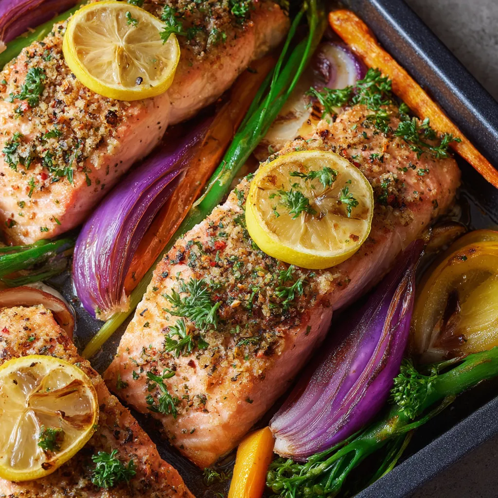 A tray of salmon with lemon and garlic.