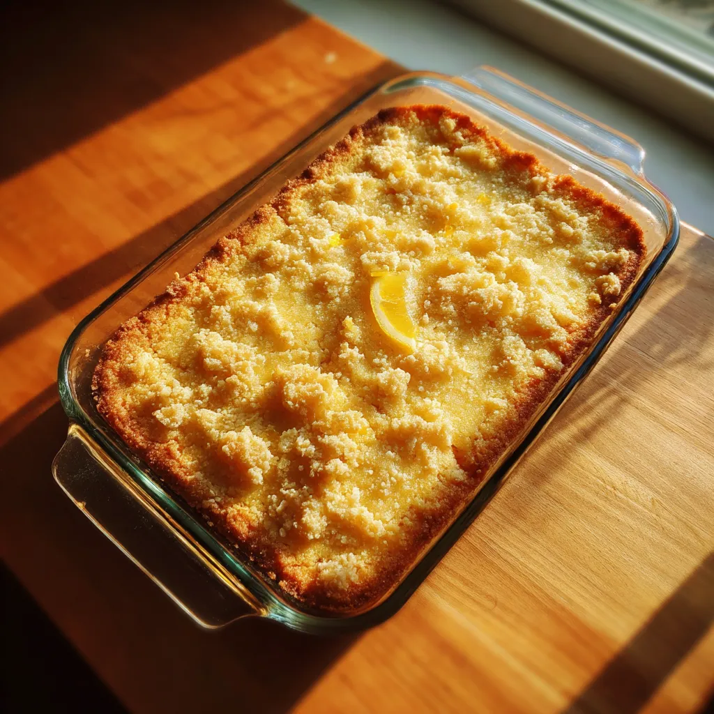 A glass dish with a lemon dump cake.