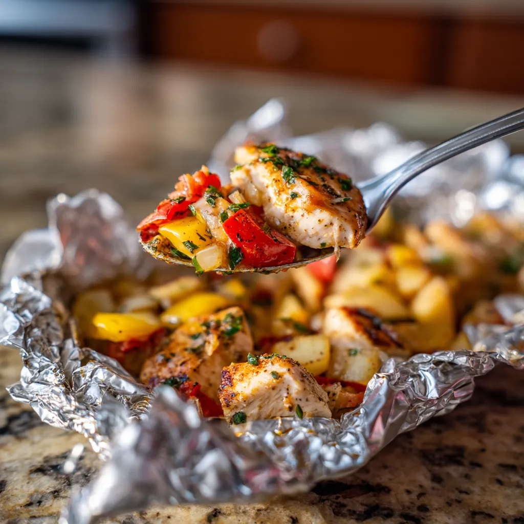 A foil packet of Santa Fe chicken with a fork in it.