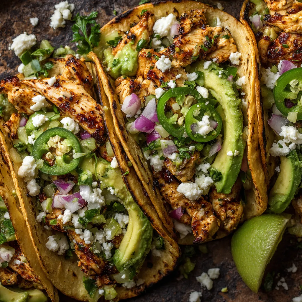 Crispy Poblano Chicken Tacos with Avocado-Jalapeno Salsa.