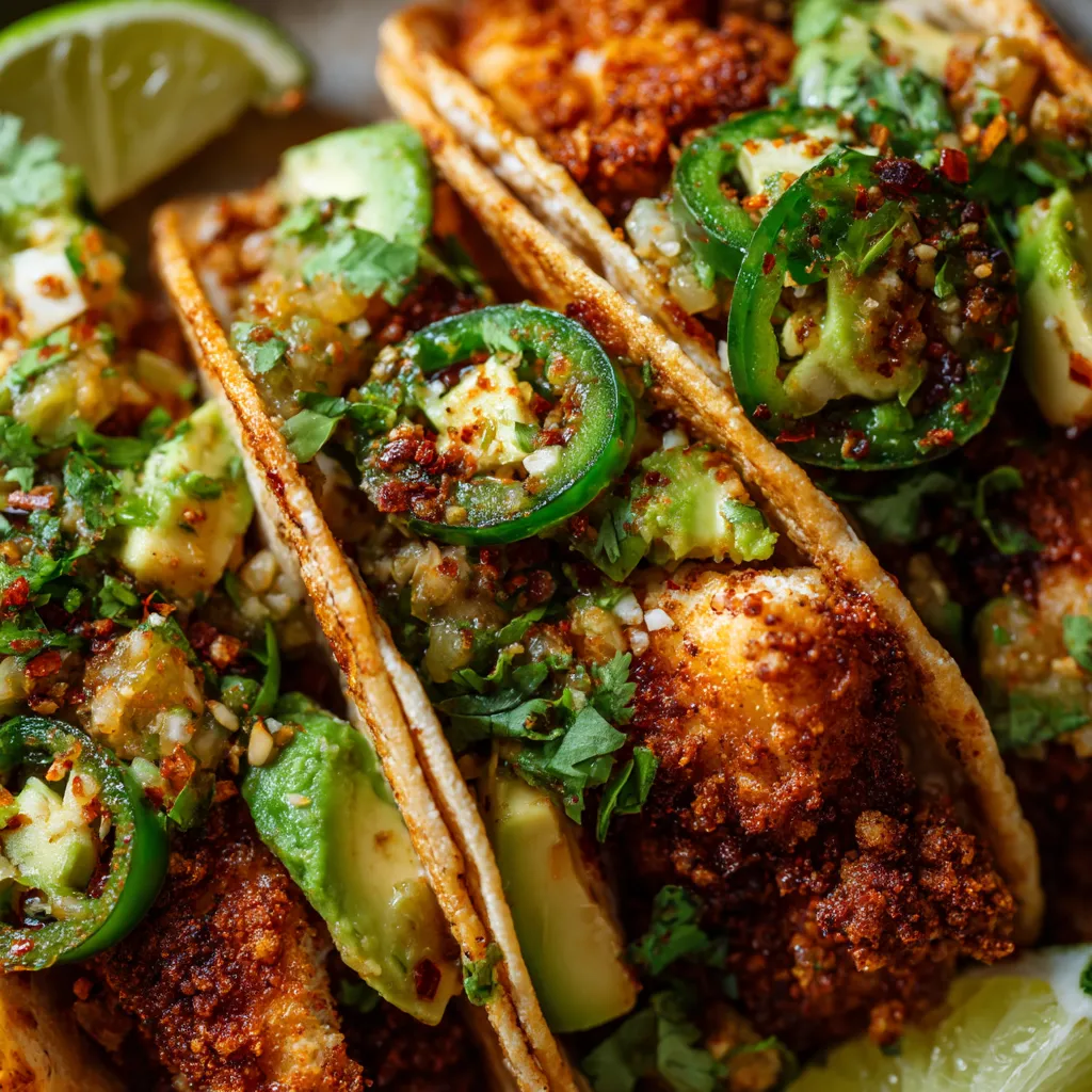 A plate of crispy chicken tacos with avocado and jalapeno salsa.