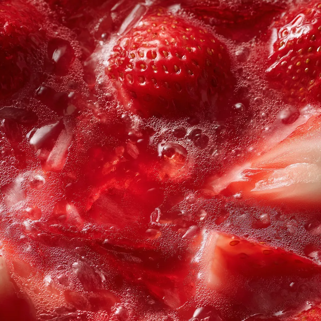 A close up of a red liquid with strawberries in it.
