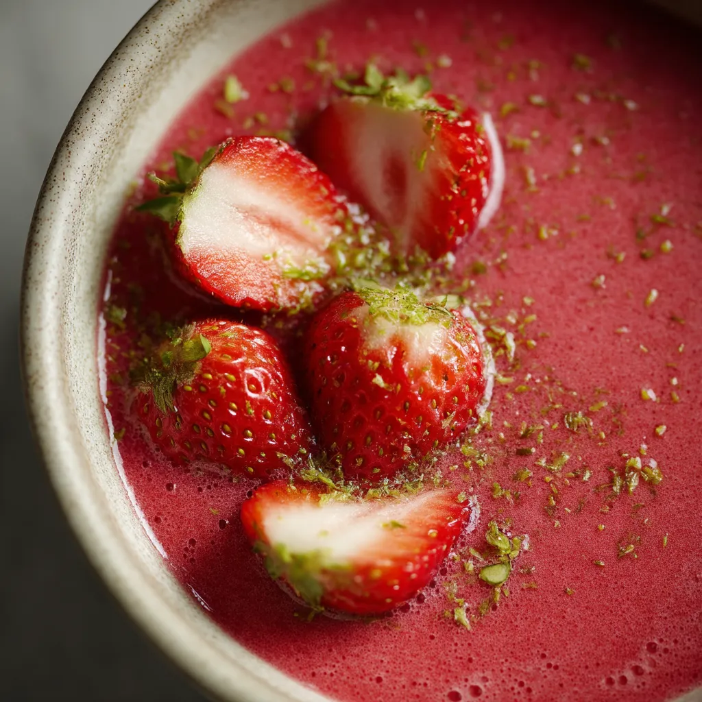 A bowl of soup with strawberries in it.