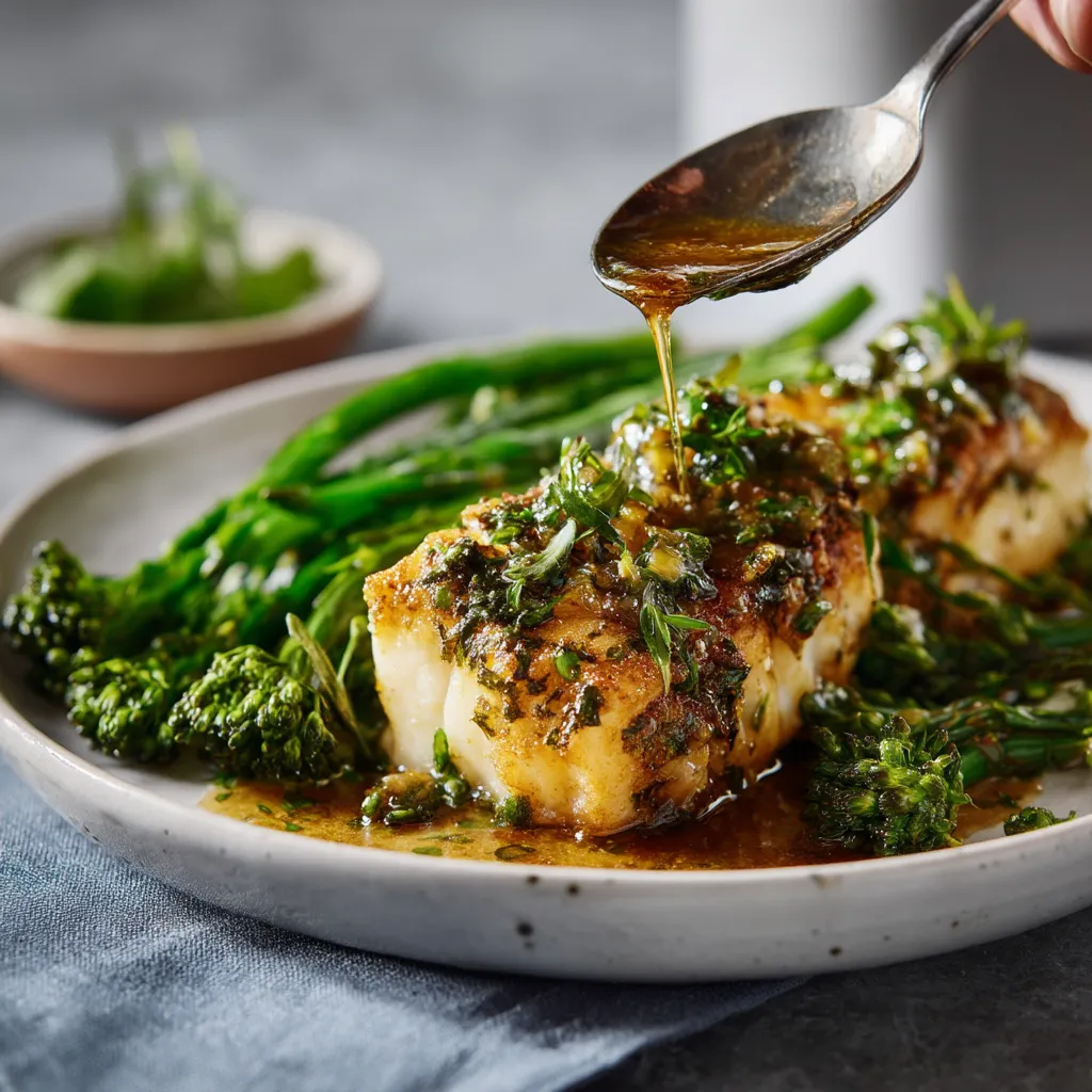 A plate of fish with herbs and vegetables.