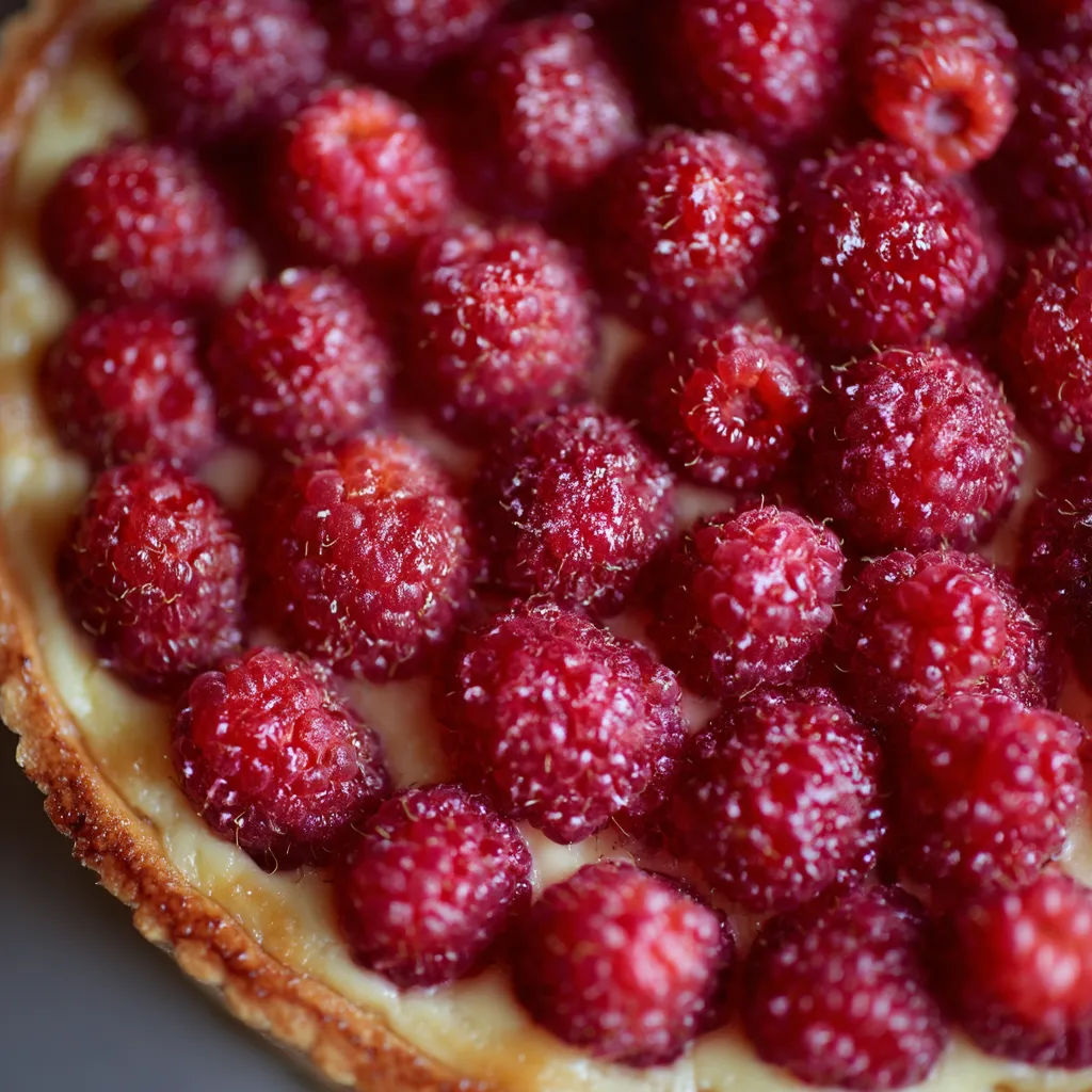 A close up of a tart with raspberries.