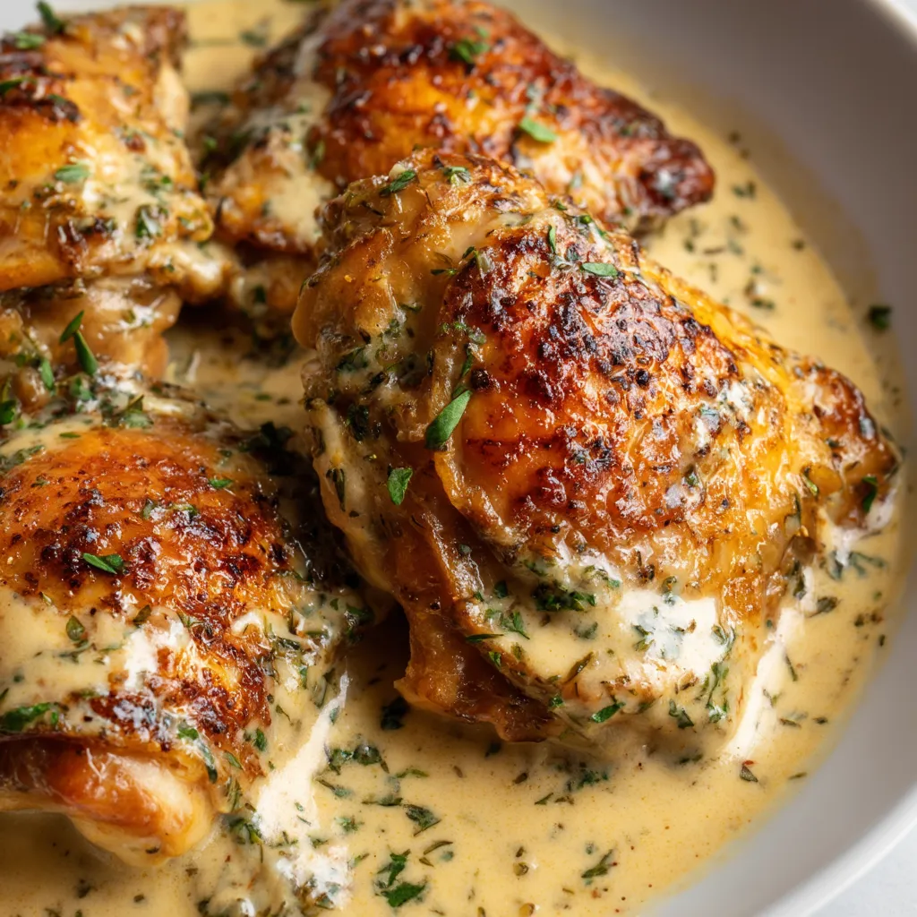 Chicken with cream sauce and herbs.