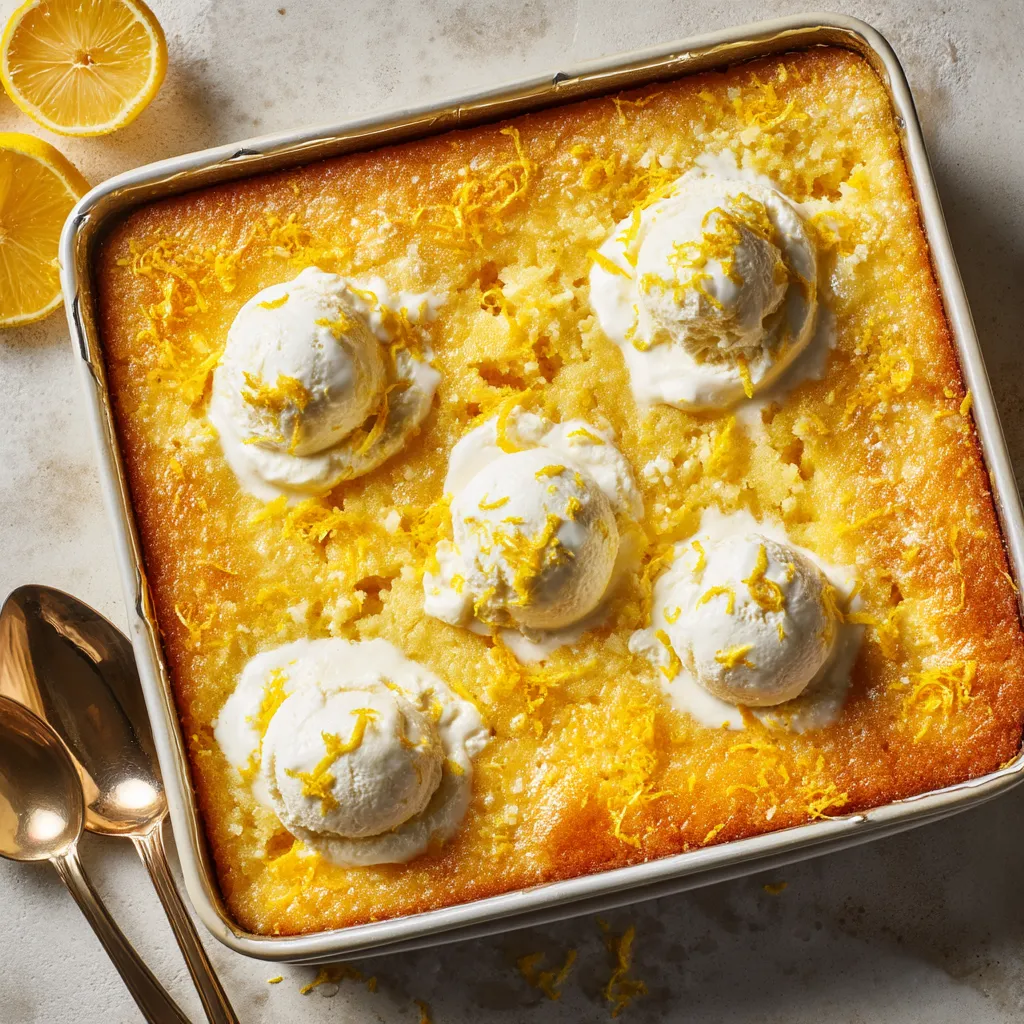 A pan of lemon dump cake with orange slices on top.