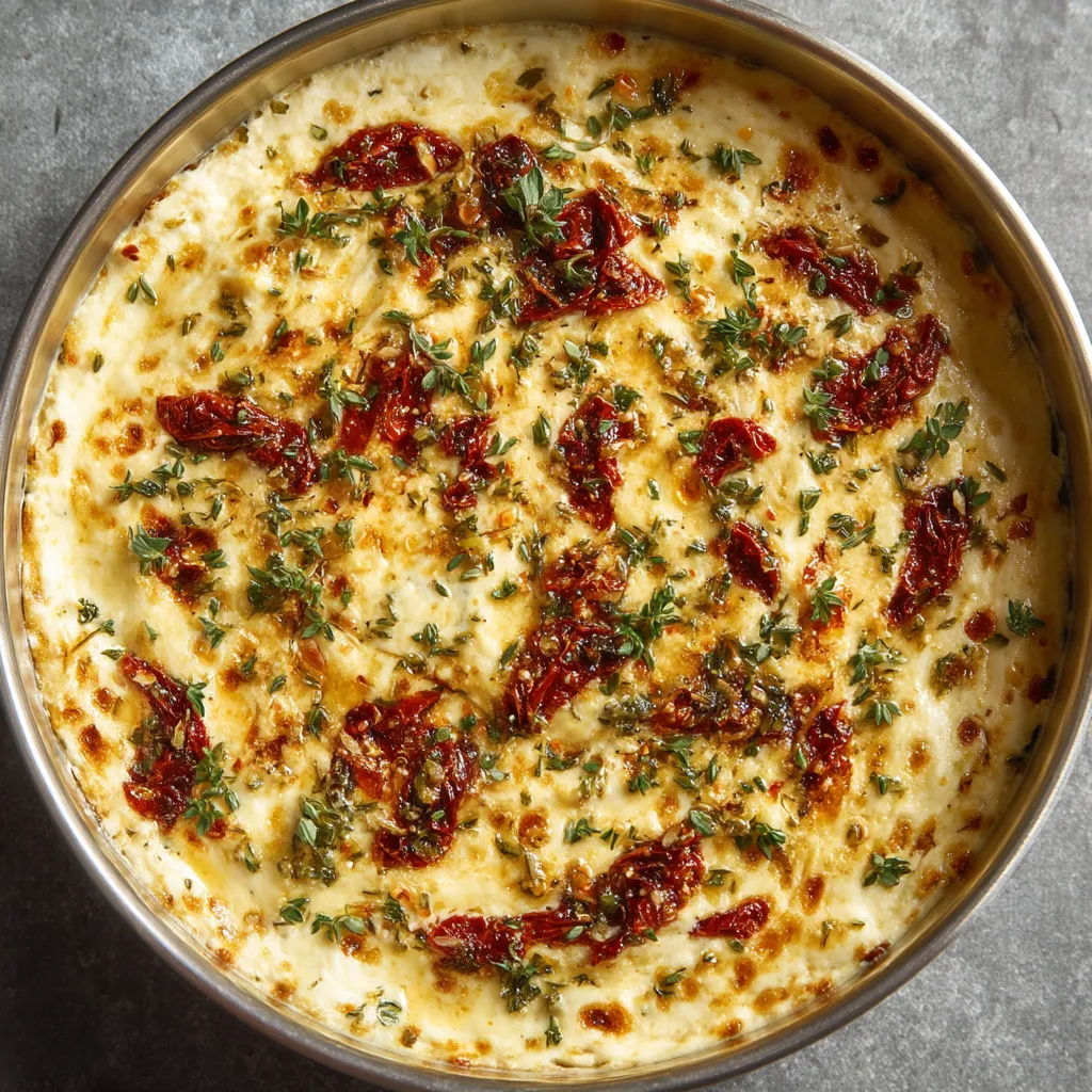 A dish with a cheesy dip and red peppers.
