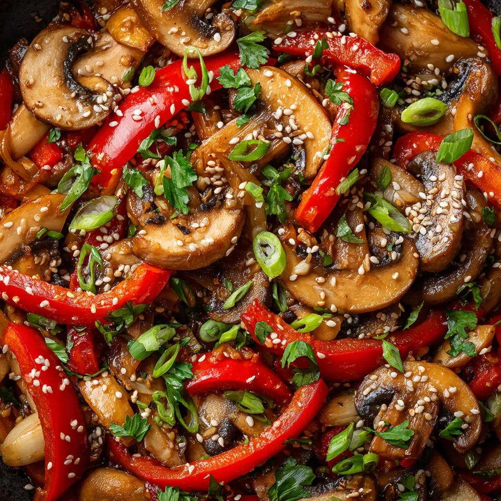 A stir-fry with mushrooms, red peppers, and herbs.