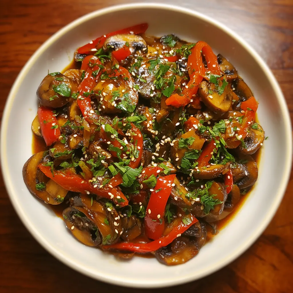 A bowl of mushrooms and peppers with sauce.