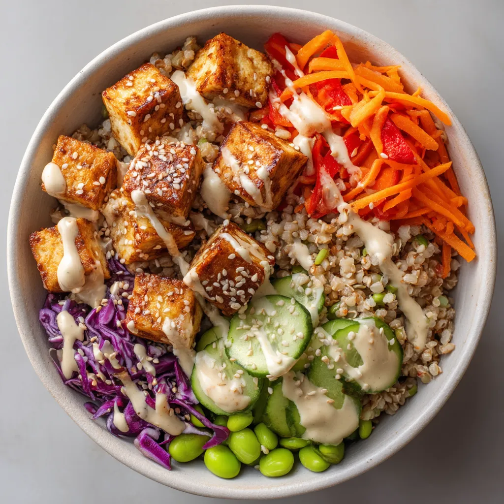 A bowl of roasted tofu and grains.