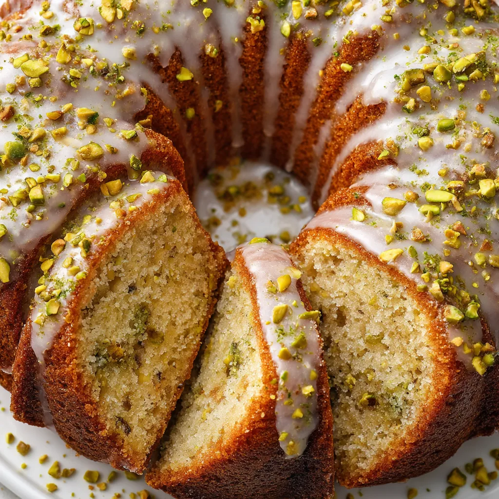 A slice of pistachio bundt cake with lemon glaze.