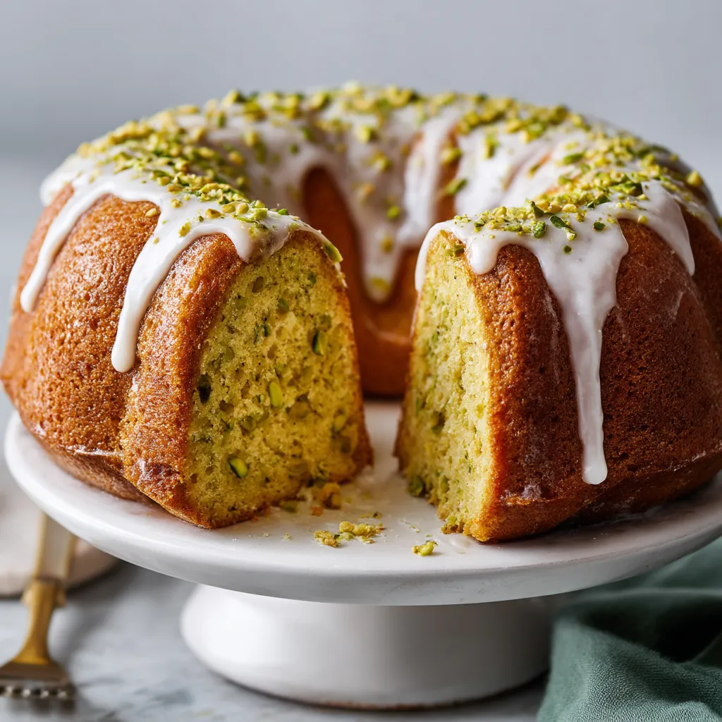 A bundt cake with a lemon glaze and pistachio topping.
