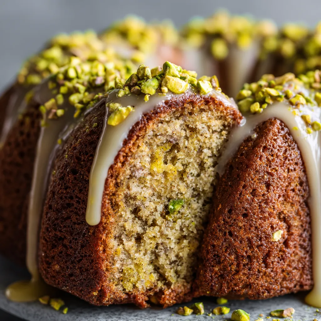 A slice of pistachio bundt cake with lemon glaze.