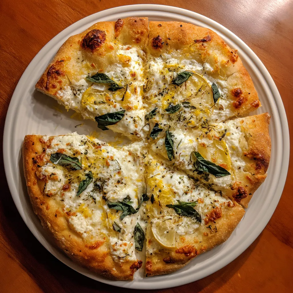 A slice of 3-Cheese Lemon Basil Pizza.