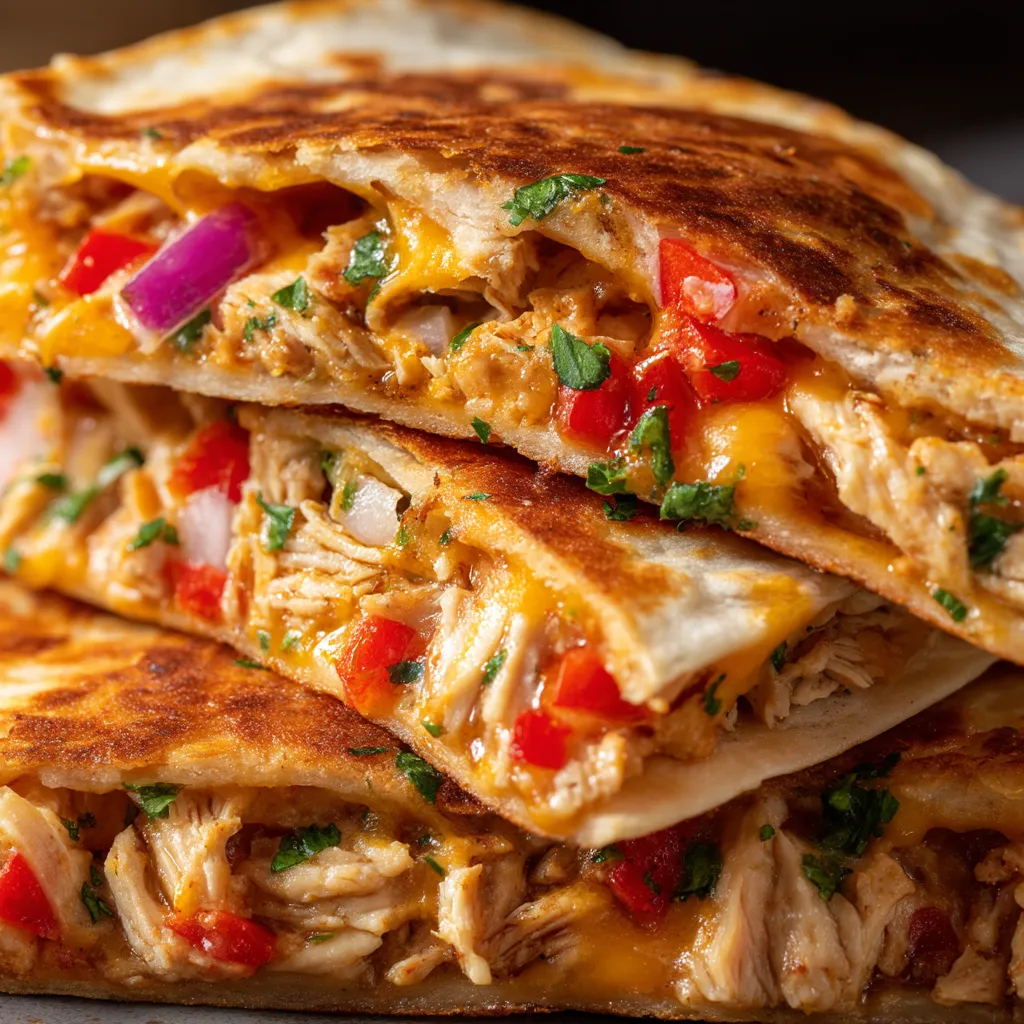Crispy chicken quesadillas stacked on top of each other.