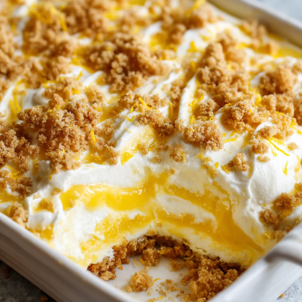 A yellow and white dessert with a cream cheese topping.