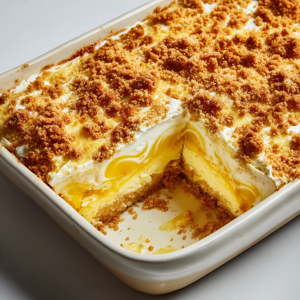 A slice of lemon dump cake with cream cheese.