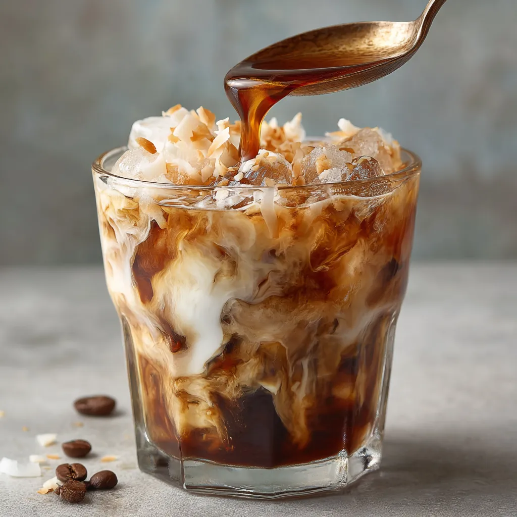 A glass of iced coffee with coconut water.