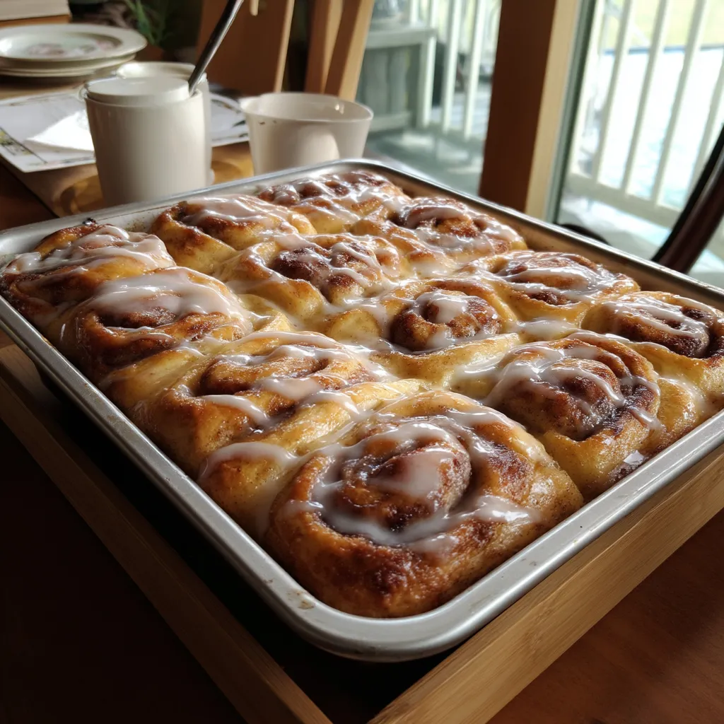 A pan of cinnamon rolls.