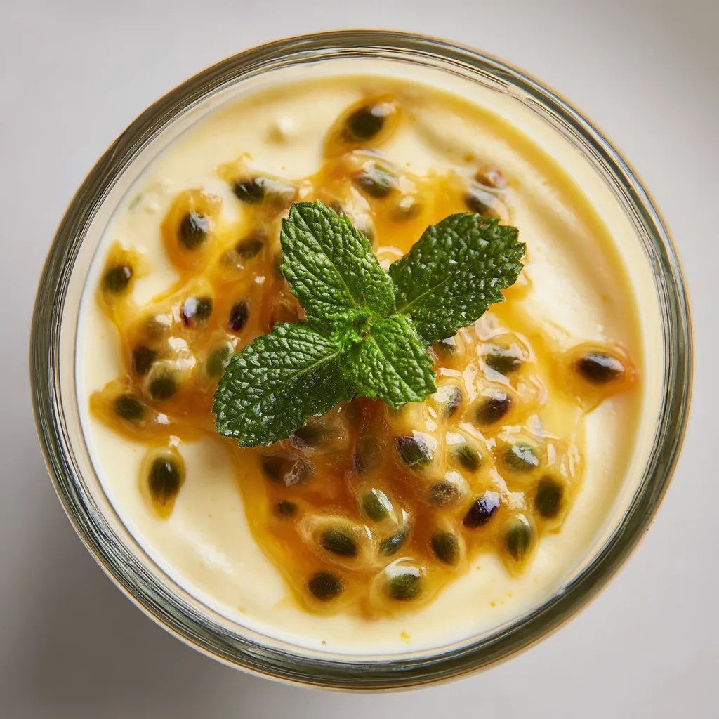 A glass of passion fruit mousse with a mint leaf on top.