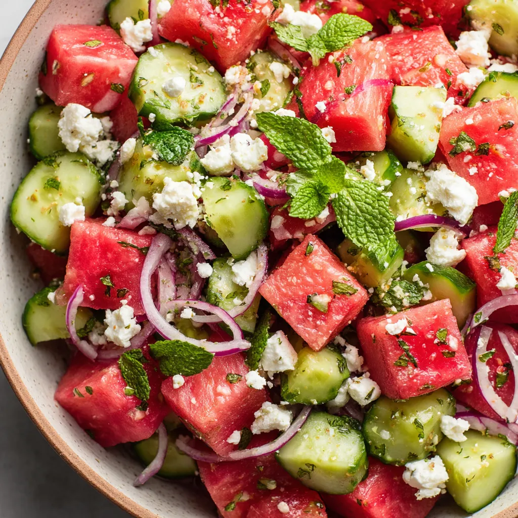 A bowl of watermelon feta salad.