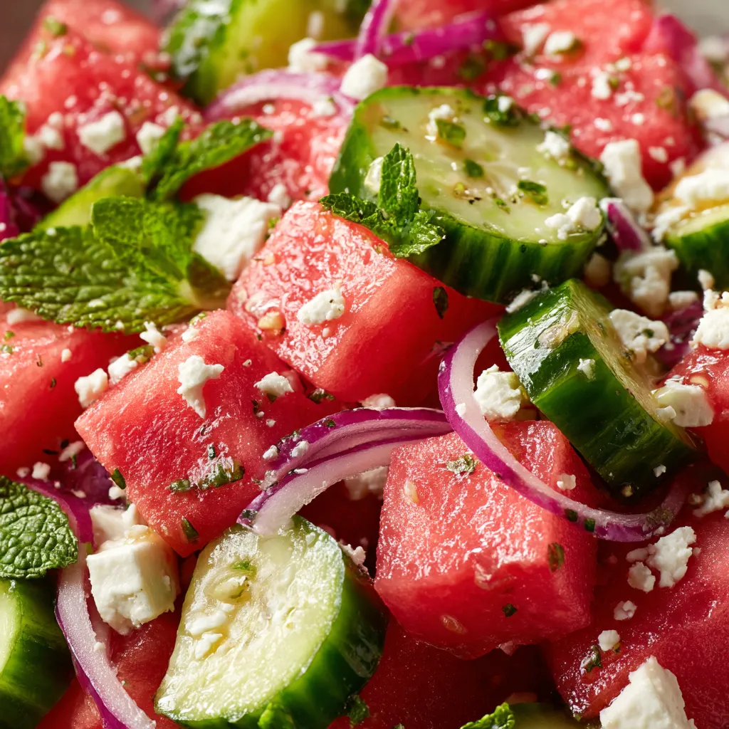 A salad with watermelon, cucumber, onion, and feta cheese.
