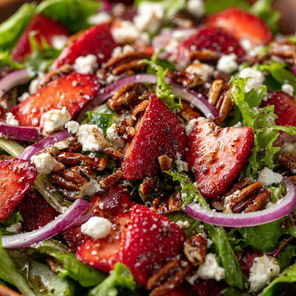 A salad with strawberries, feta cheese, and onions.