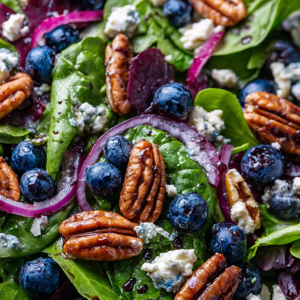 A salad with blueberries, goat cheese, and onions.