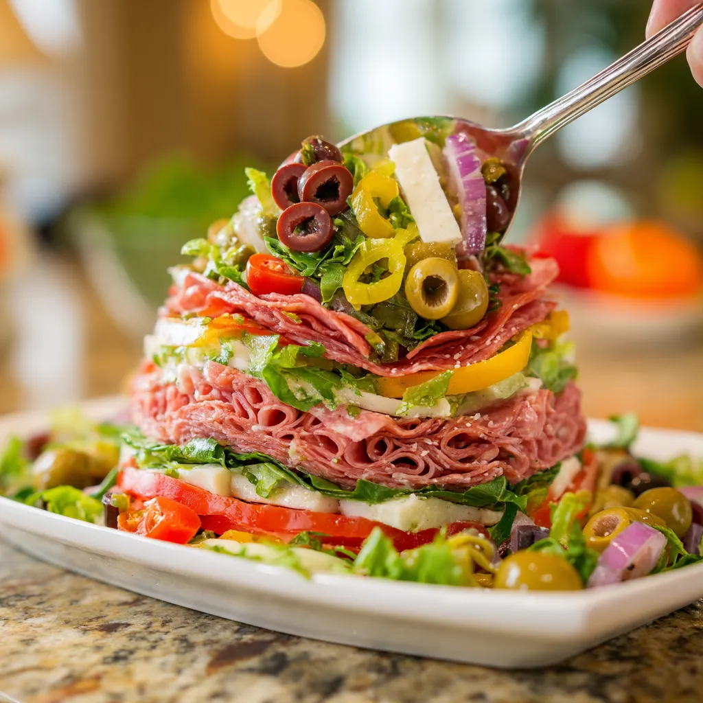 A stacked muffuletta salad on a plate.