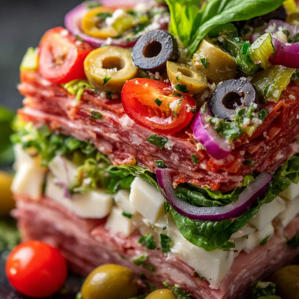 Stacked Muffuletta Salad with olives and tomatoes.