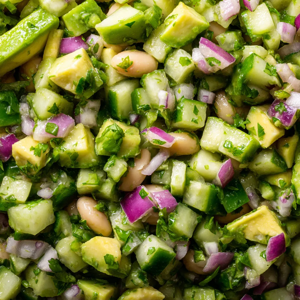 A cucumber and avocado salad with a bean dip.