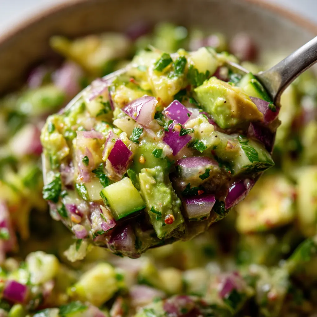 A spoonful of cucumber and avocado salad bean dip.