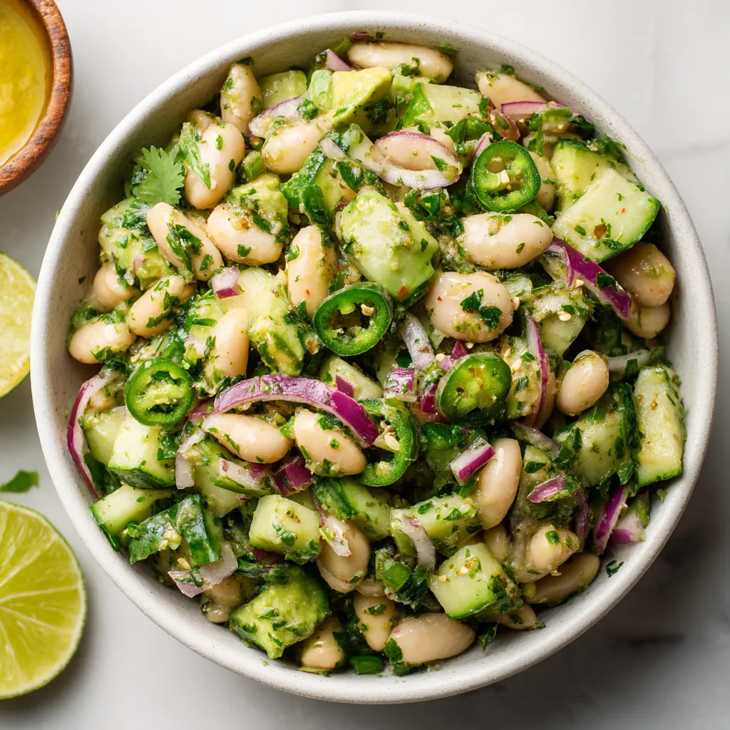 A bowl of cucumber and avocado salad bean dip.