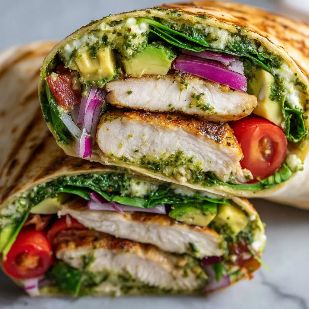 A pesto chicken and avocado wrap.