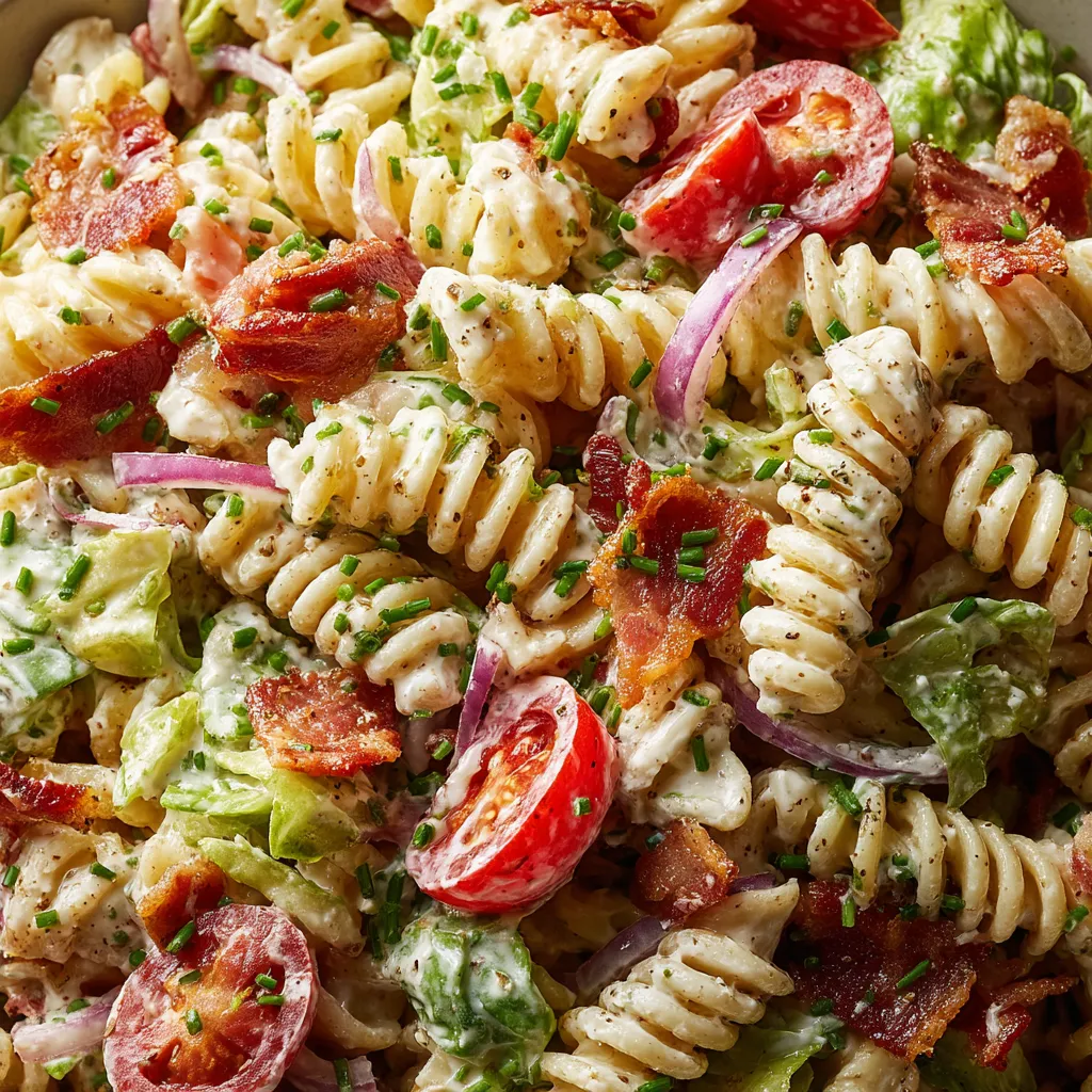 A BLT pasta salad with tomatoes, onions, and bacon.