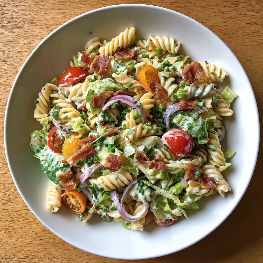 A bowl of BLT pasta salad.
