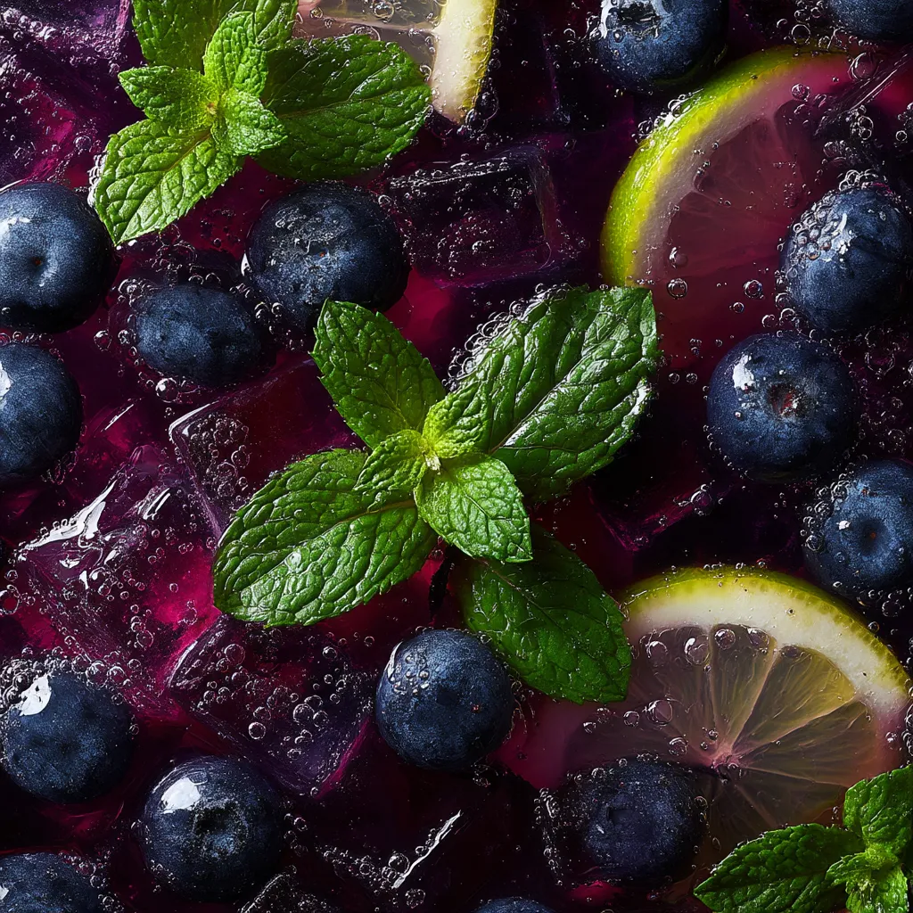 A glass of blueberry mint lemonade with a slice of lemon.
