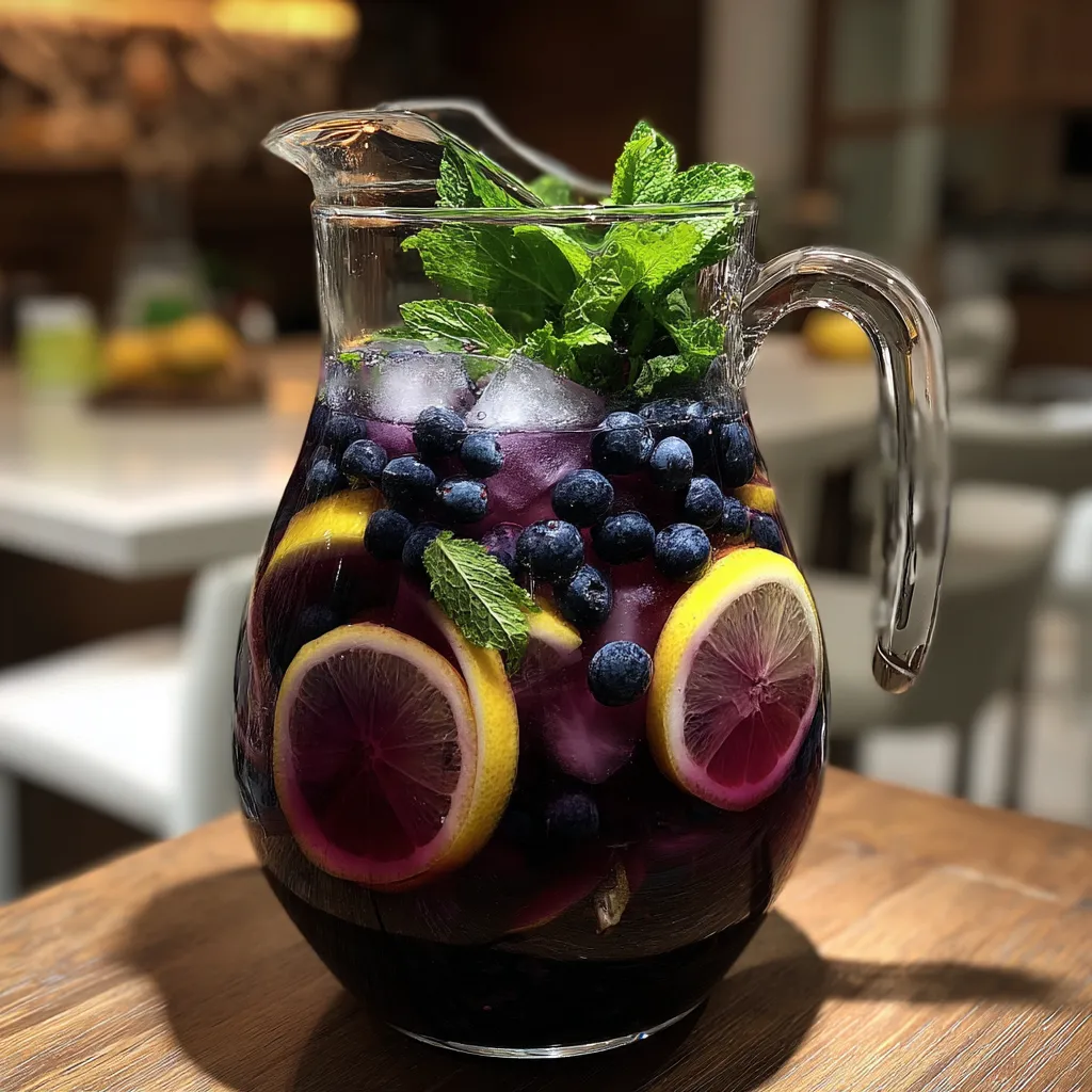 A pitcher of blueberry mint lemonade with a slice of lemon and a sprig of mint.