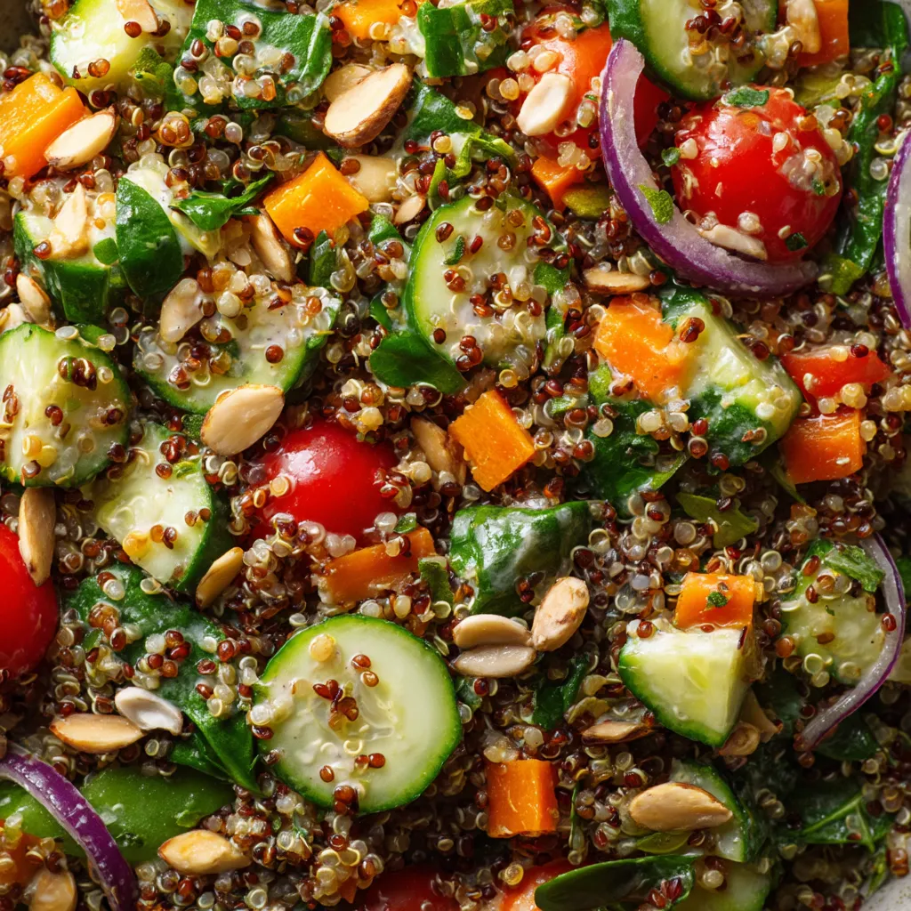 A bowl of quinoa crunch salad with various vegetables.