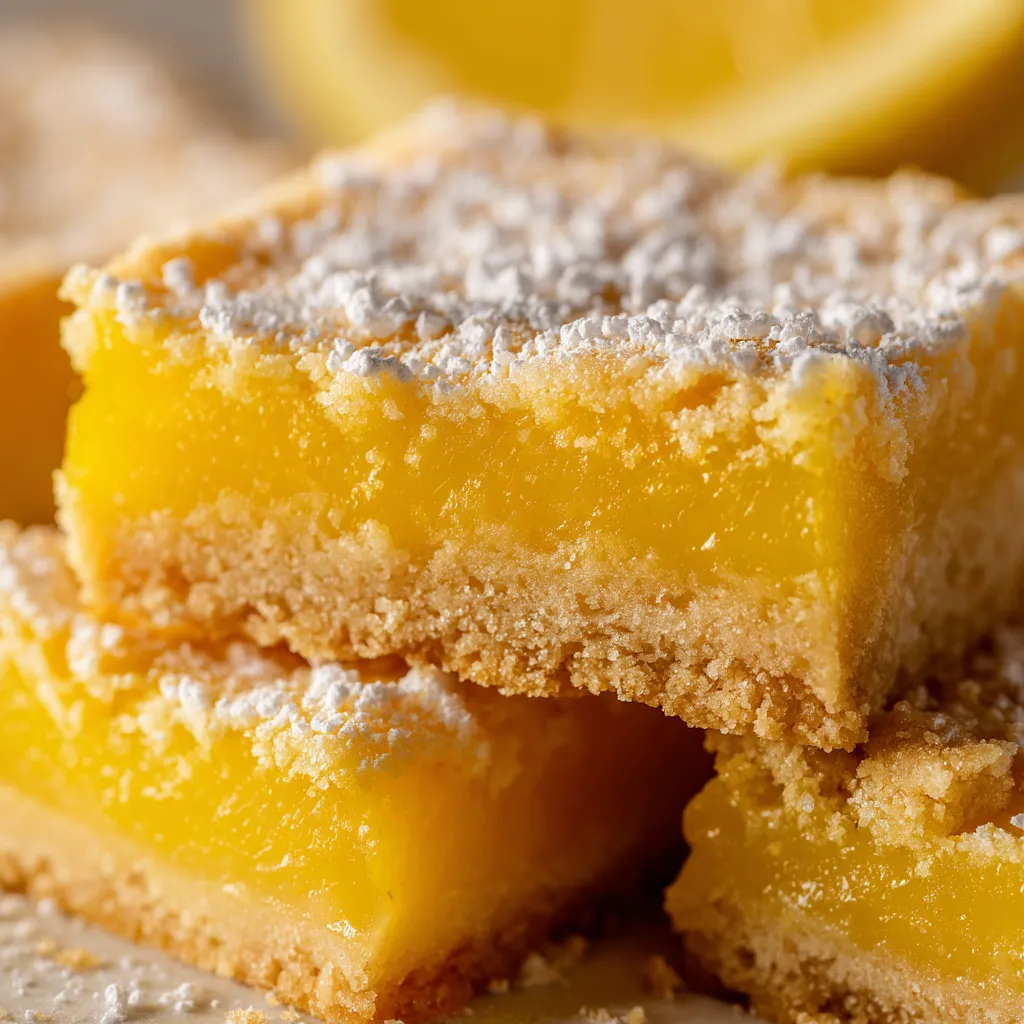 A close up of a lemon bar with powdered sugar on top.