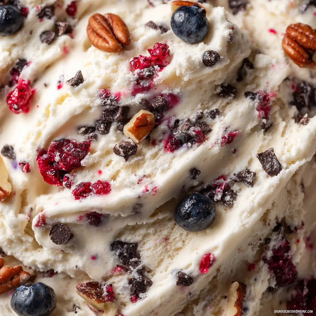 A scoop of cottage cheese ice cream with chocolate chips and blueberries.