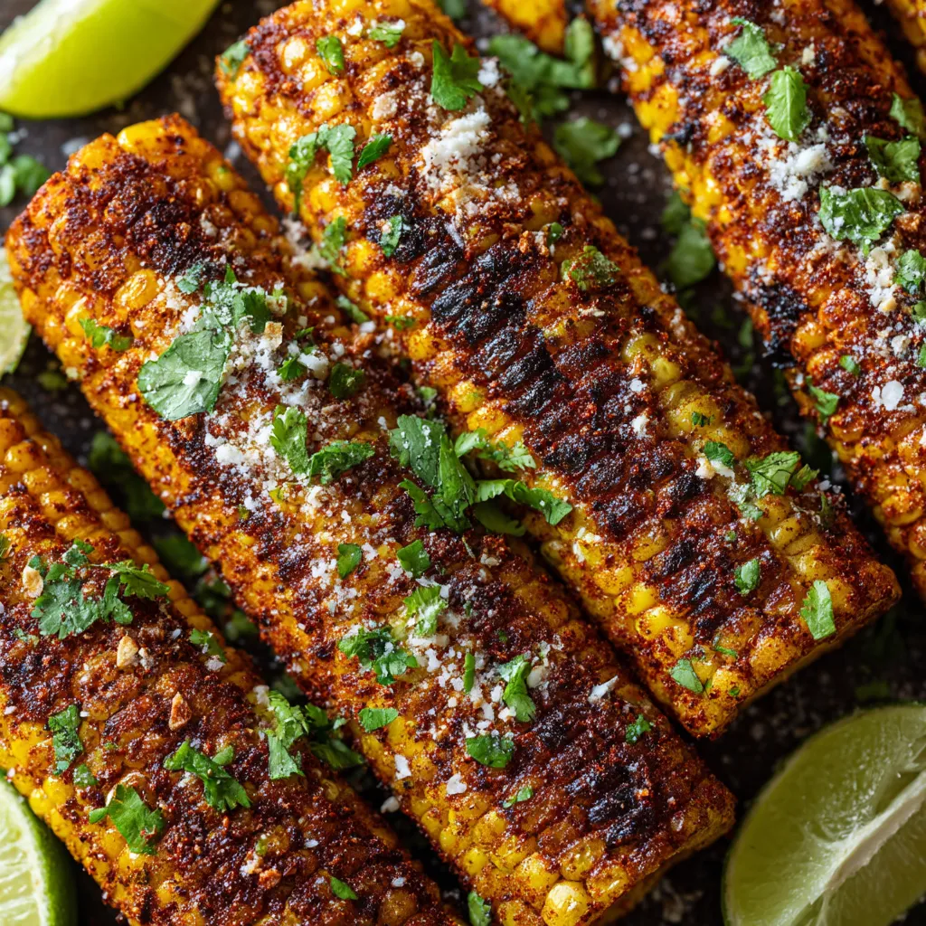 Grilled corn ribs with lime wedges.