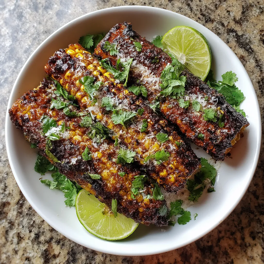 Grilled corn ribs on a white plate.