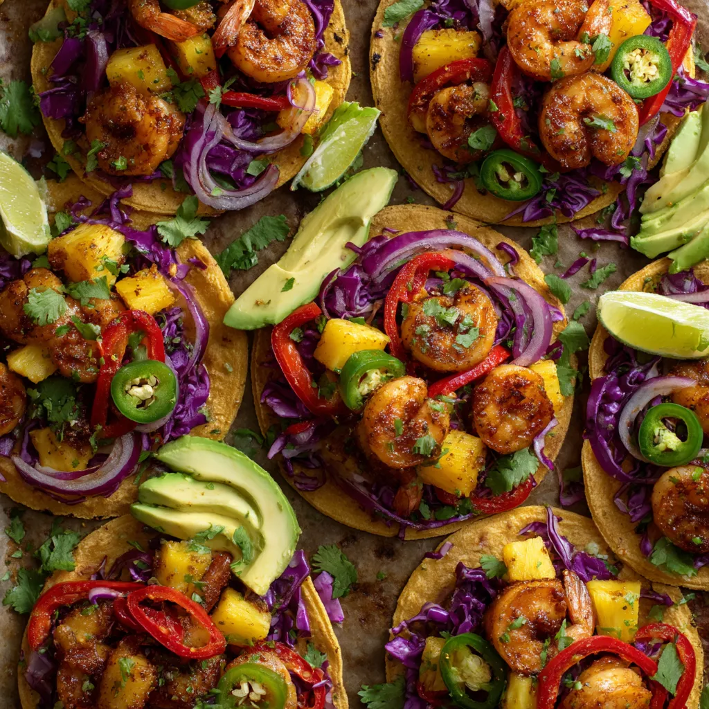 A variety of shrimp tacos on a sheet pan.