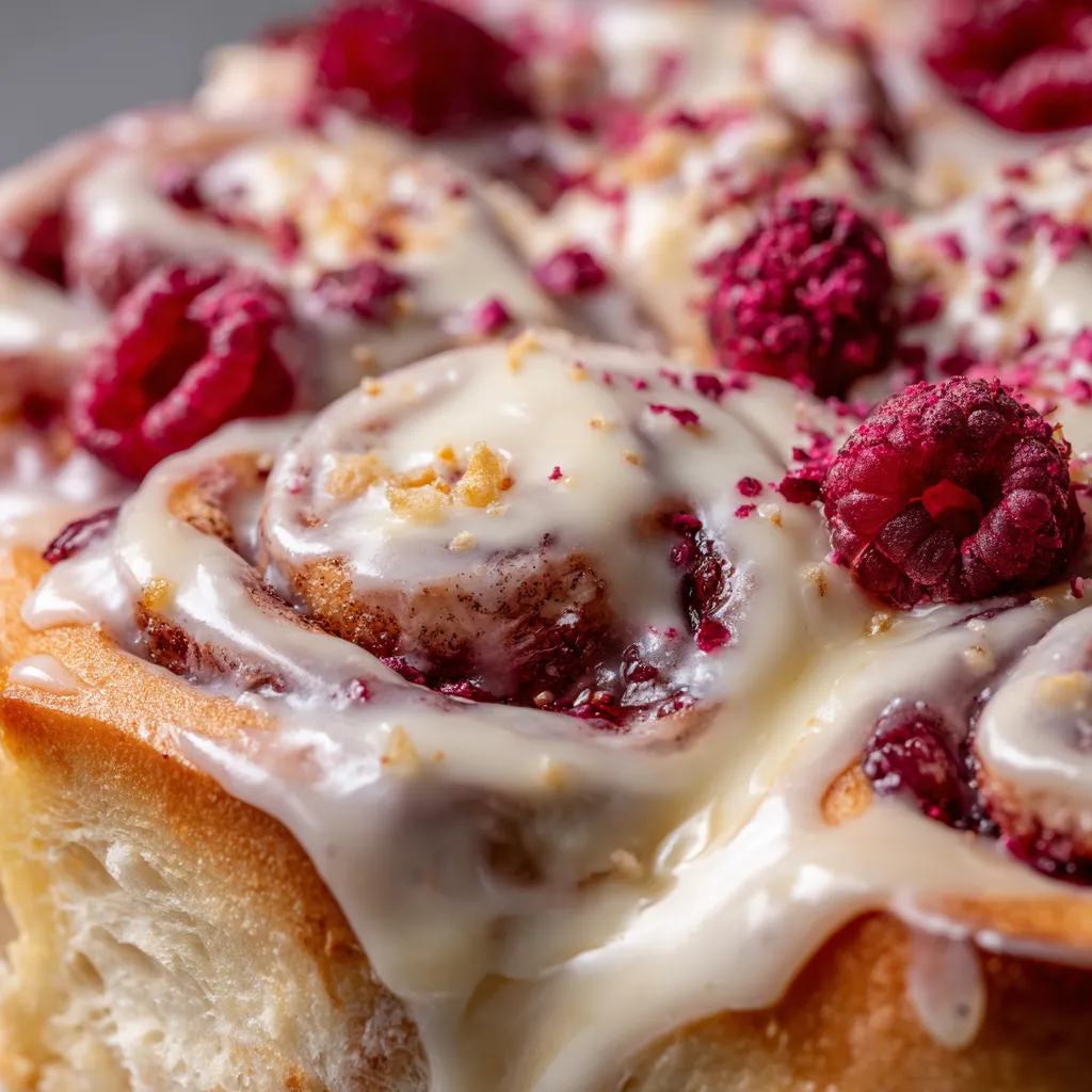 A close up of a white chocolate and raspberry roll.